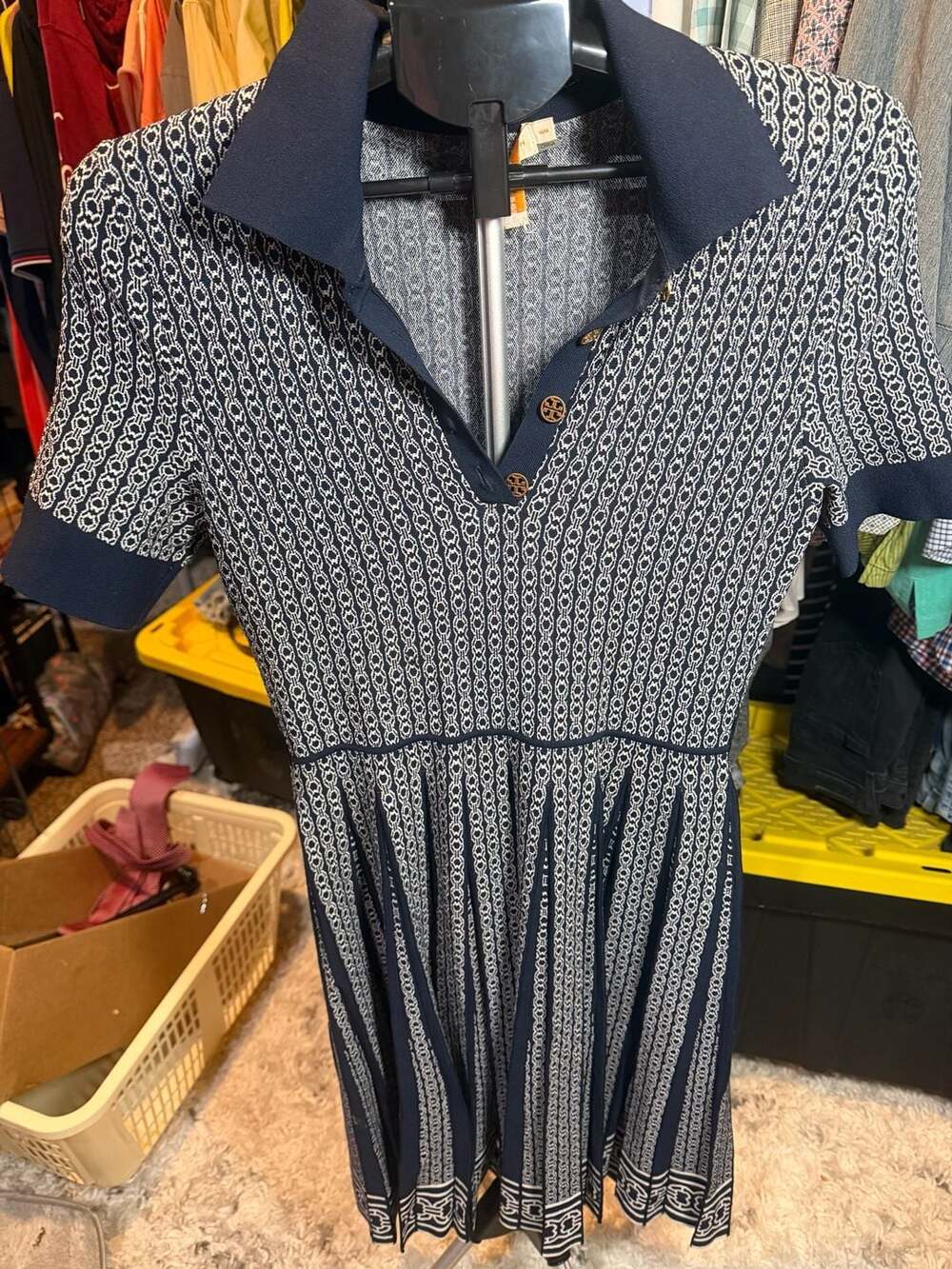 Tory Burch Gemini Link Polo Dress Size M Blue White Knit Pleated Midi - Picture 3 of 6